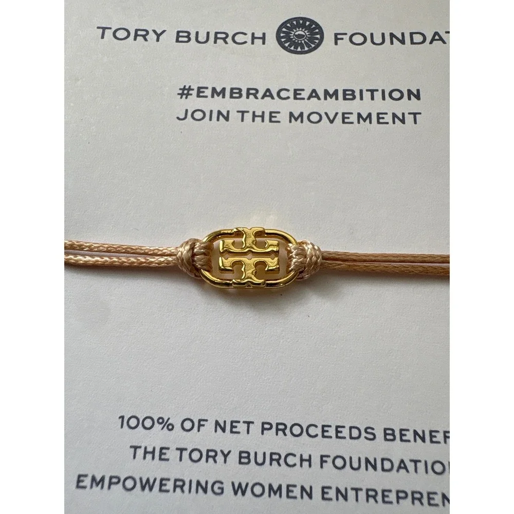 Tory Burch Embrace Ambition Bracelet Rose Gold Silk Cord Gemini Link Logo NEW